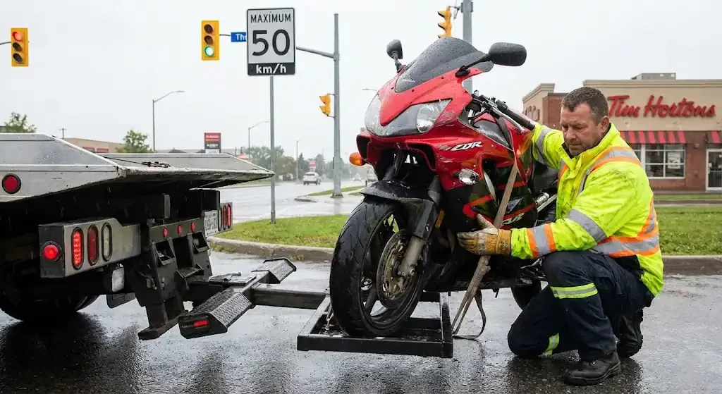 Gatineau motorcycle being safely loaded for transport